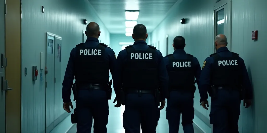 a group of police officers walking down a hallway together in uniform and vests on their backs, with