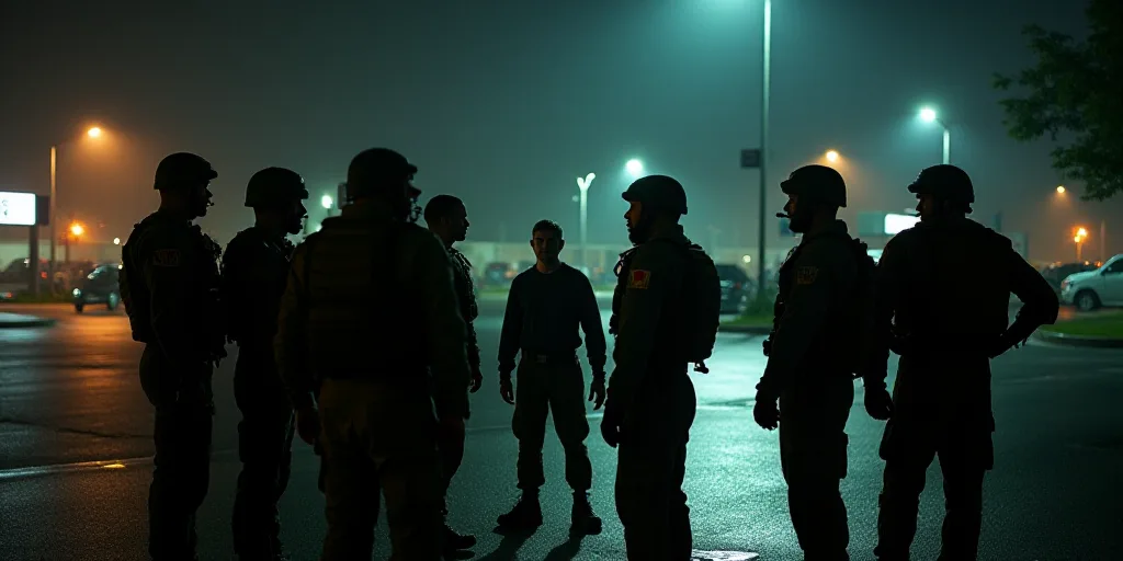 a group of soldiers standing around each other talking to each other in a parking lot at night time