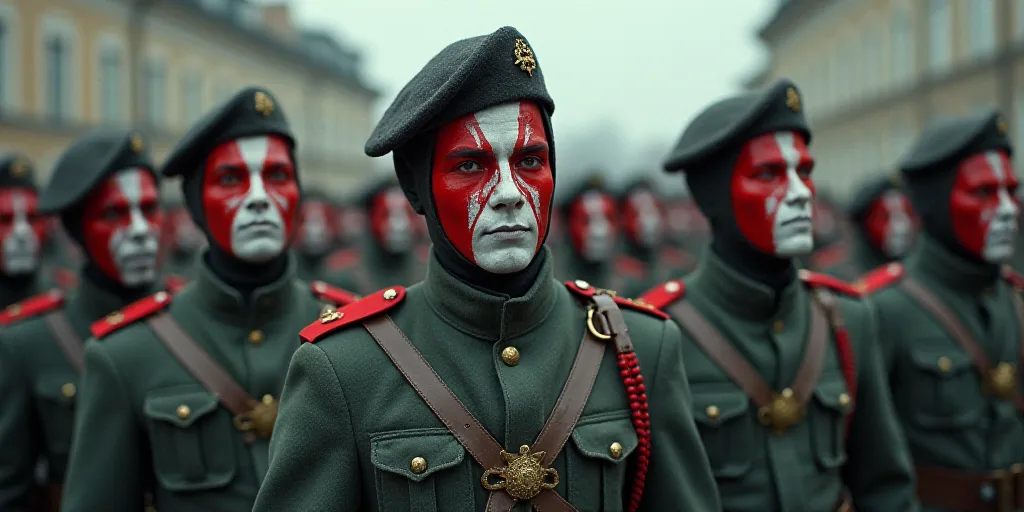 a group of soldiers with painted faces and body paint on their faces and in uniform, standing togeth