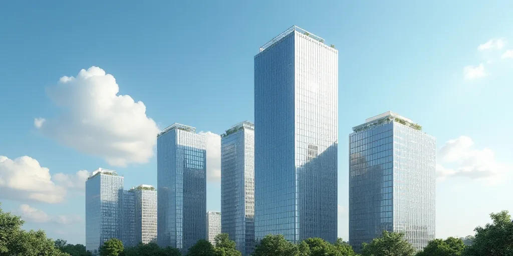 a group of tall buildings with a sky background and clouds in the background, with a blue sky and so