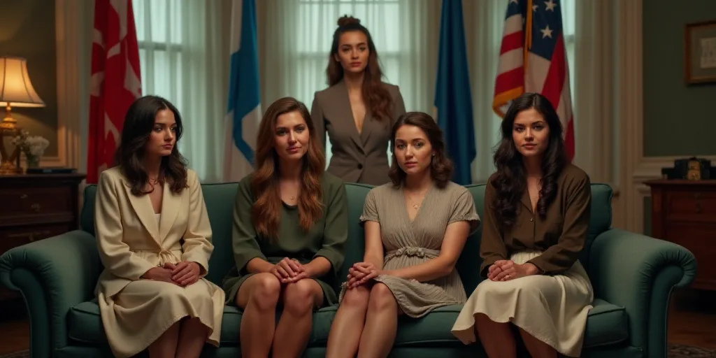 a group of women sitting on a couch in a room with flags on the wall behind them and a man standing