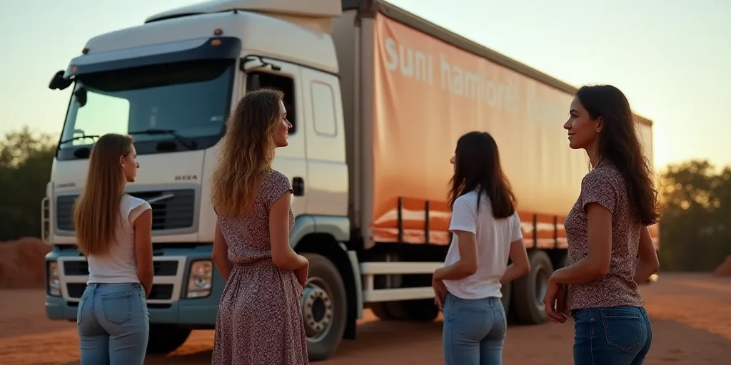 a group of women standing in front of a truck with a banner on it's side that reads sun hambre, Chri