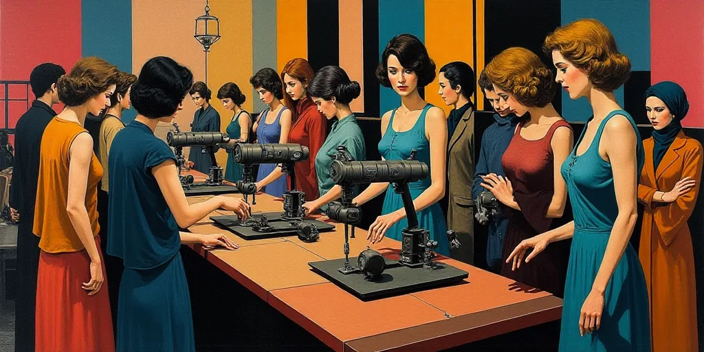 a group of women working on a machine in a factory with other people watching them from the sideline