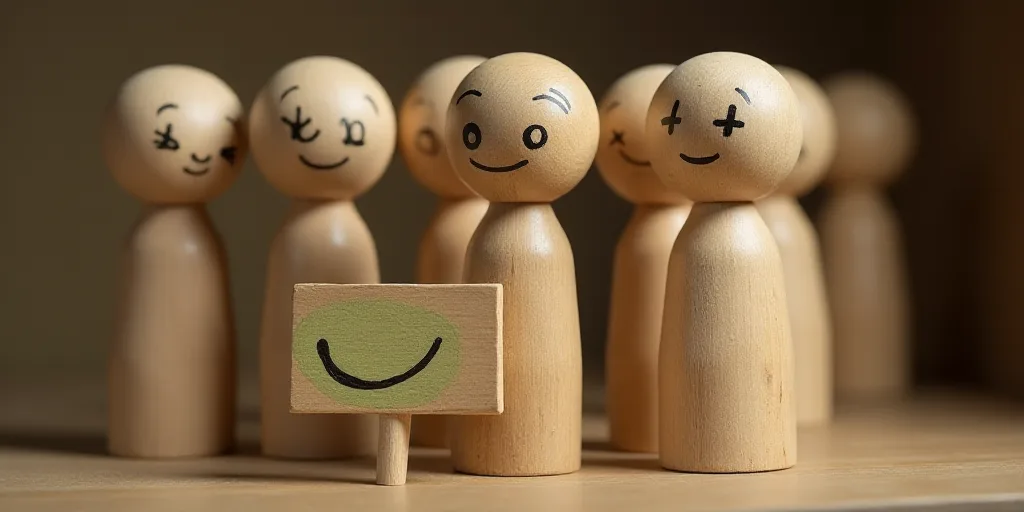 a group of wooden people with faces drawn on them and a sign with a green smiley face on it, Évaris