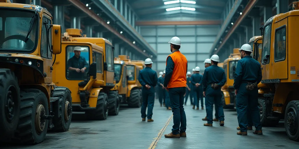 a group of workers standing in front of a machine in a factory or factory area with equipment on the