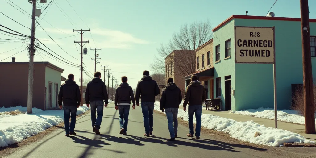 a group of young men walking down a street next to a building with a sign on it that says u s border