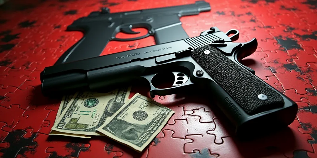 a gun and a gun on a table with money and a gun in the background with a red and black collage, Andr