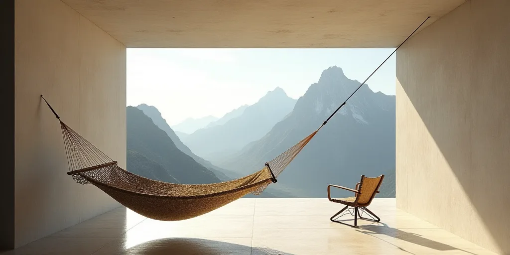 a hammock hanging in a room with a view of a mountain range outside the window and a table with a ch