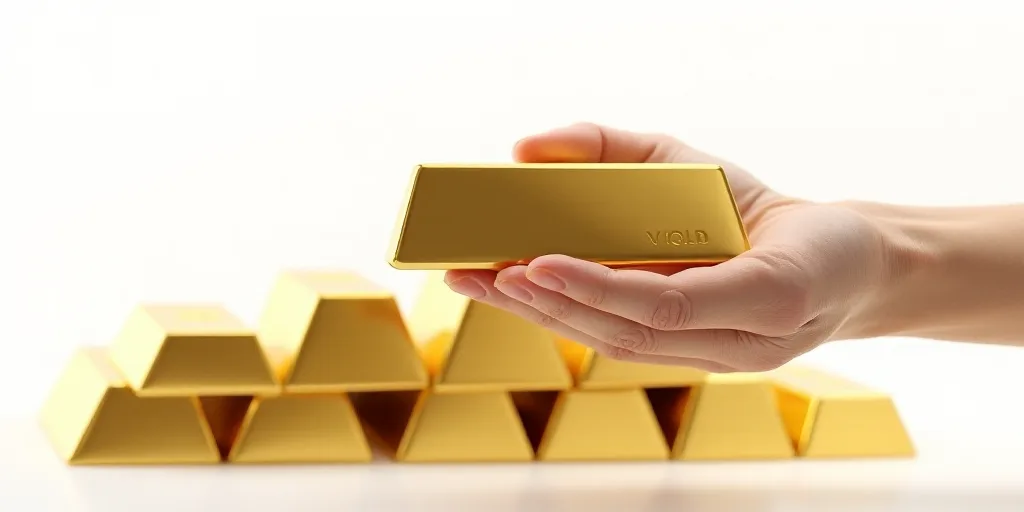 a hand holding a gold bar in front of a row of gold bars in front of a white background, Enguerrand