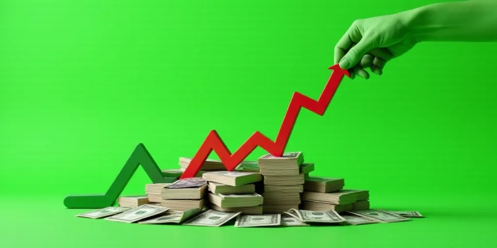 a hand holding a red arrow over a pile of money with a green background and a green arrow pointing u