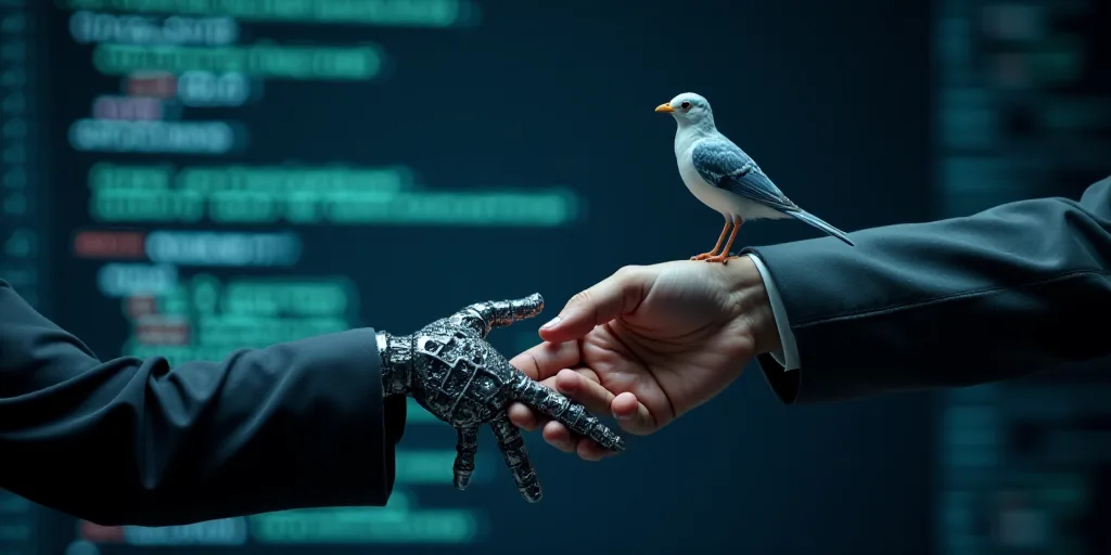 a hand shaking another hand with a bird on top of it, in front of a computer screen with a backgroun
