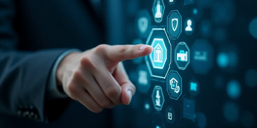 a hand touching a button on a digital interface with icons and symbols surrounding it in the backgro
