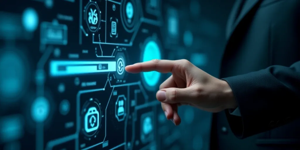 a hand touching a button on a futuristic interface with icons and symbols surrounding it and a finge