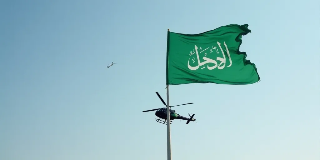 a helicopter flying a green flag with a white writing on it and a helicopter flying in the sky behin