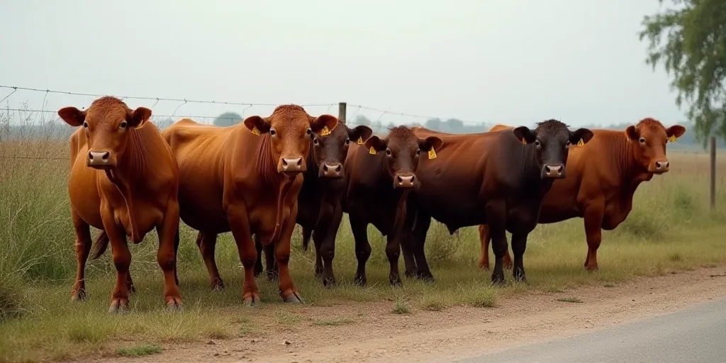 a herd of cattle standing next to each other on a dirt field next to a fence and a road, Afewerk Tek