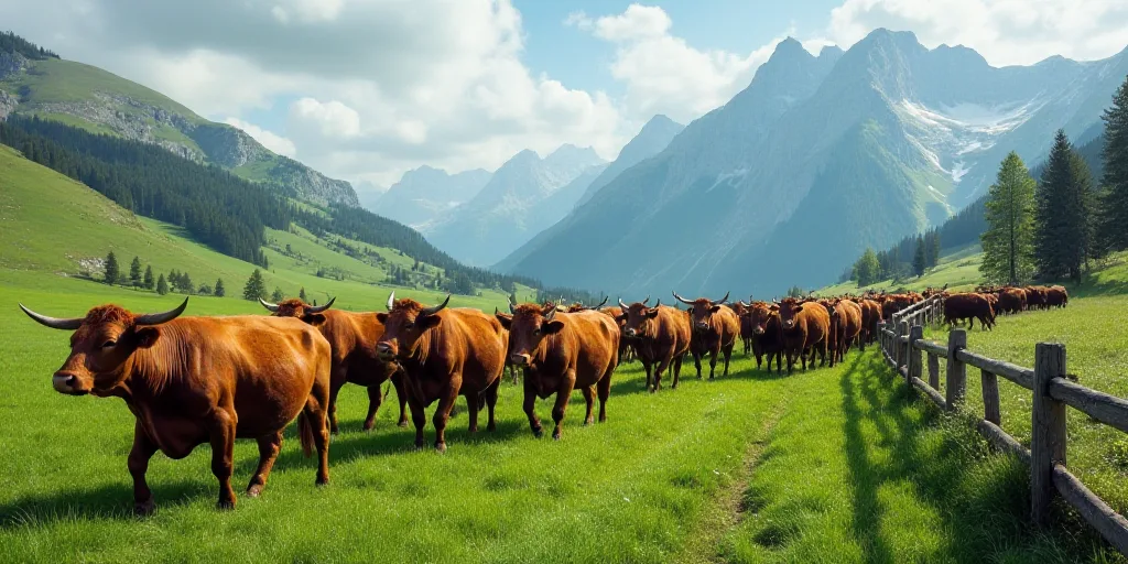 a herd of cattle walking across a lush green field next to a wooden fence on a hillside near mountai