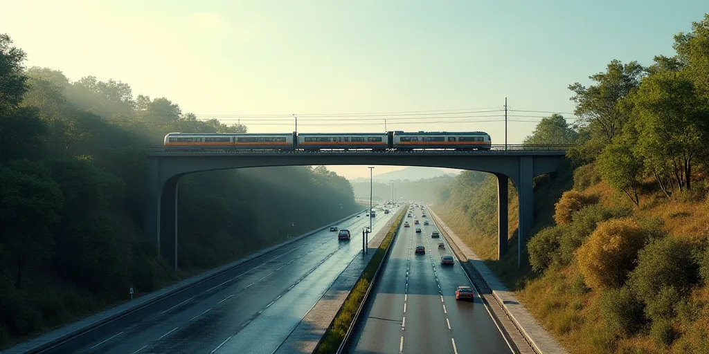 a highway with a train on it and cars on the road below it and trees and bushes on the other side, A