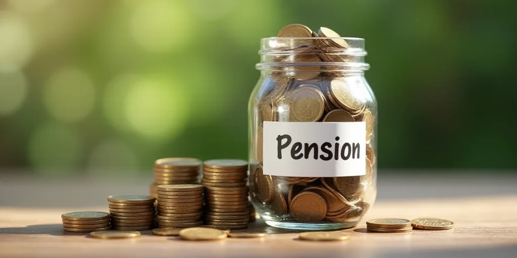 a jar of coins with a sign that says pension on it and a pile of coins in front of it, Evelyn Abelso