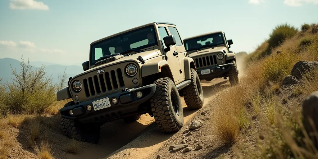 a jeep driving down a hill in the grass and rocks with a jeep behind it on a trail with grass and ro