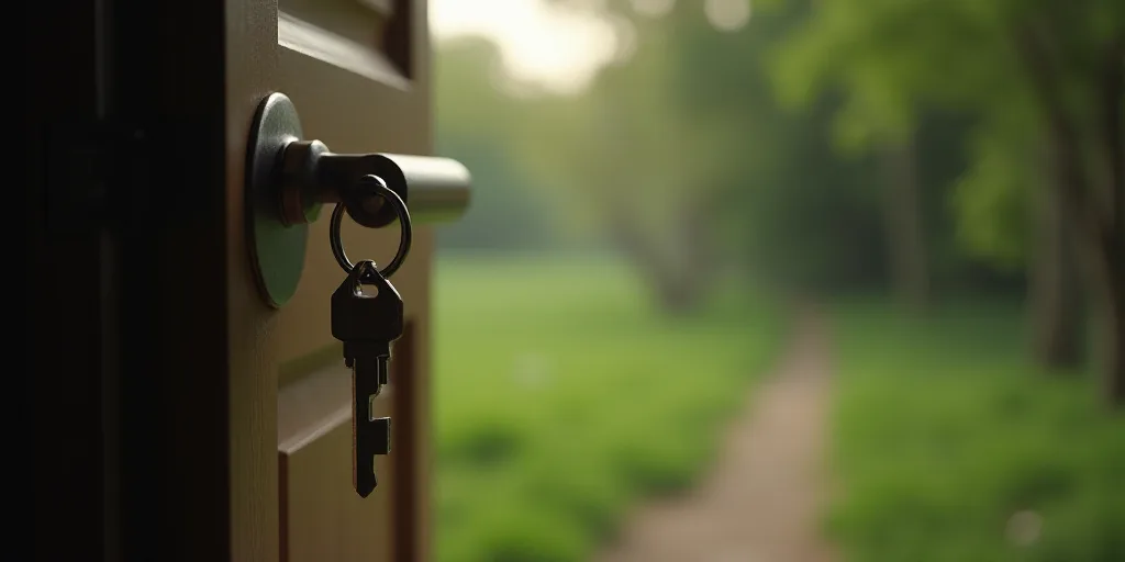 a key is hanging from a door handle with a blurry background of trees and grass in the background, D