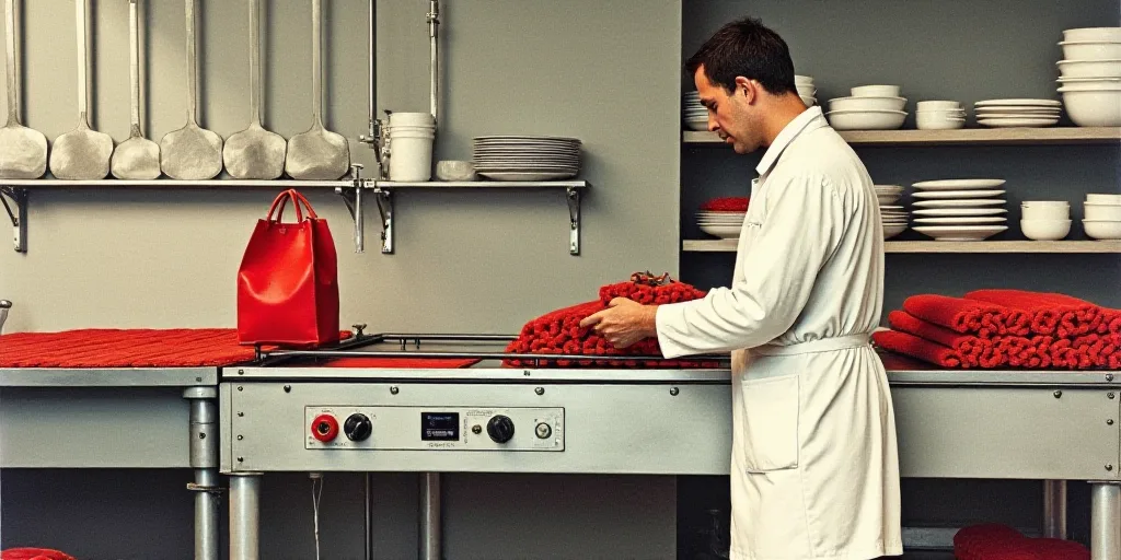 a kitchen with a conveyor belt and a person in a white coat and a red bag in the background, Enguerr