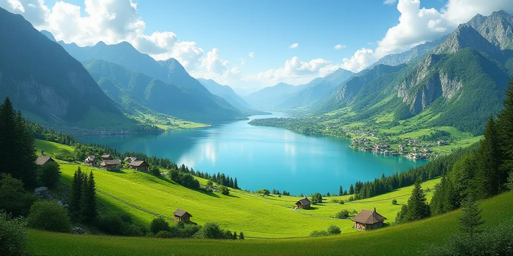 a lake surrounded by mountains and green grass in the middle of a valley with a few houses on it, Ed
