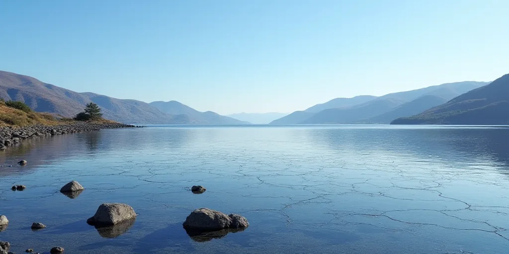 a lake with a cracked surface and a few rocks in the water and hills in the background with a blue s