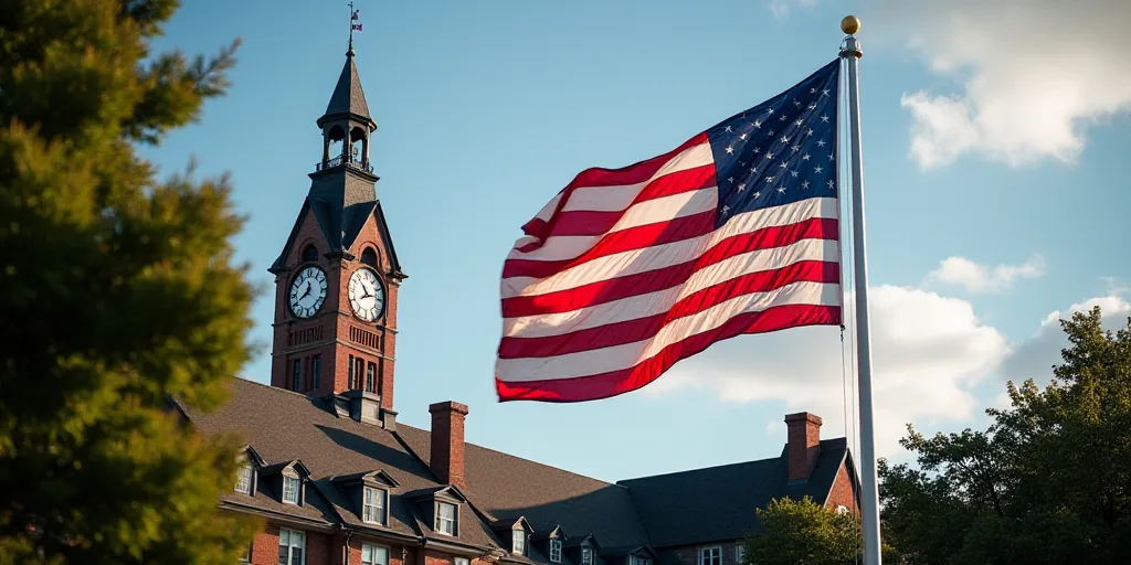 a large american flag flying in front of a building with a clock tower in the background and a tree