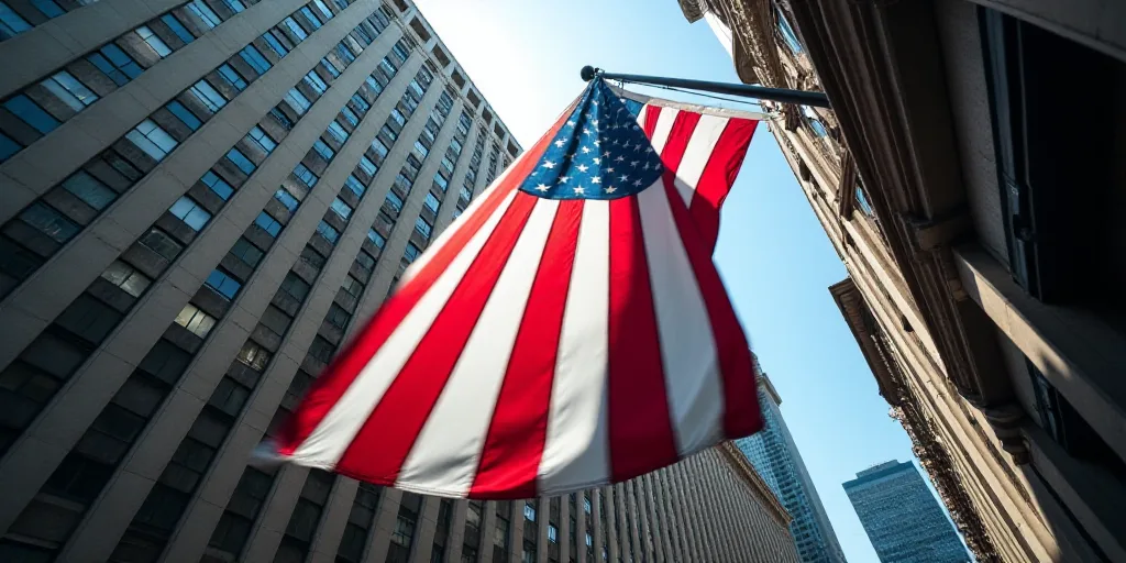 a large american flag is hanging from a building in new york city, usa, on a flagpole, Andries Stock