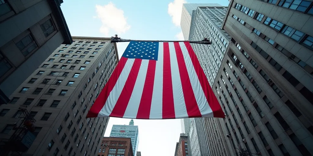 a large american flag is hanging from a building in new york city, usa, on a flagpole, Andries Stock