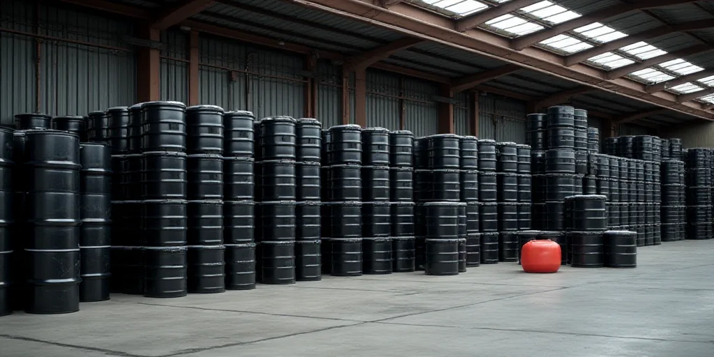 a large amount of barrels are stacked up in a warehouse with a roof over them and a few other contai