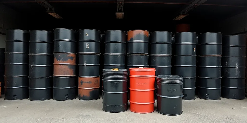 a large amount of barrels are stacked up in a warehouse with a roof over them and a few other contai