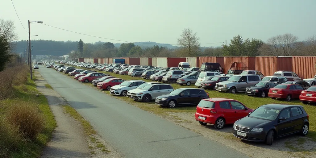 a large amount of cars are parked in a lot with containers on the side of the road behind them, Corn