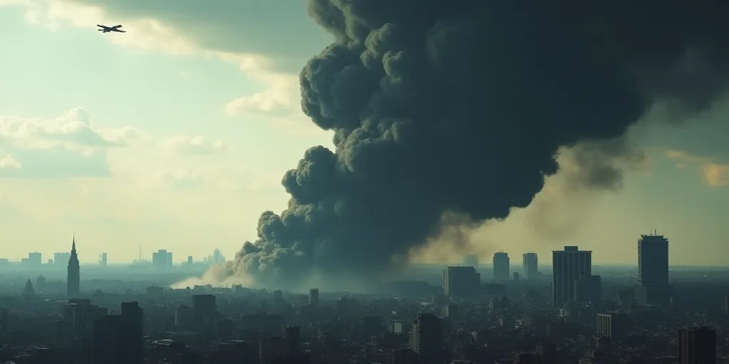 a large black cloud of smoke billowing from a building in a city with buildings in the background an