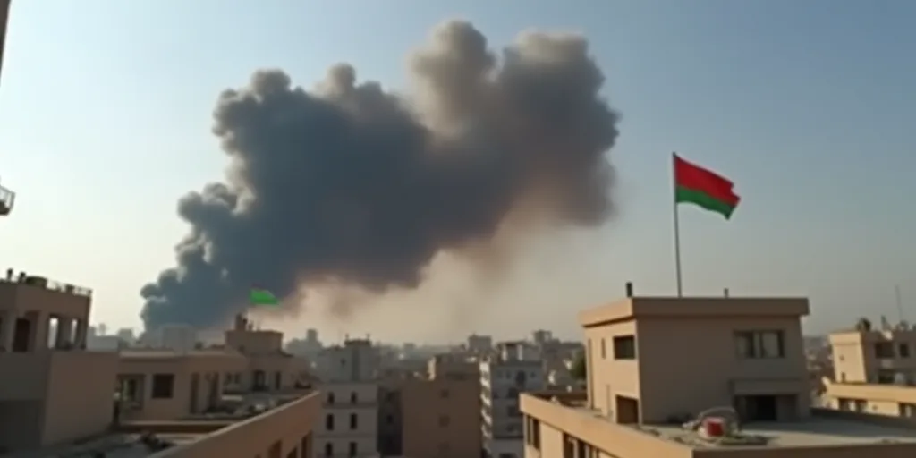 a large black smoke billows from a building in the distance, with a flag flying in the foreground, B