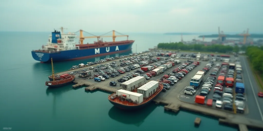 a large boat docked in a harbor next to a large marina filled with cars and trucks and a large ship,