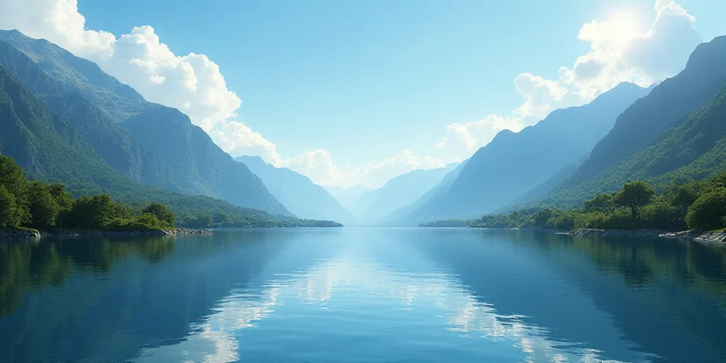 a large body of water surrounded by mountains and trees on a sunny day in the middle of the day, Chr
