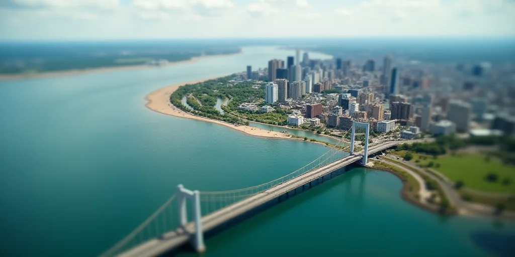 a large body of water with a city in the background and a large body of water with a bridge in the f