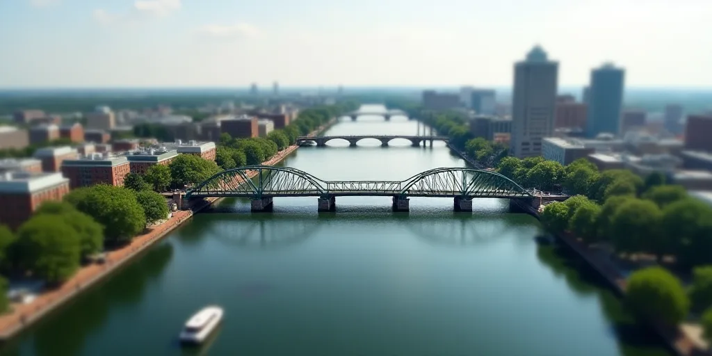 a large bridge over a city with lots of buildings and a boat in the water below it and a bridge in t