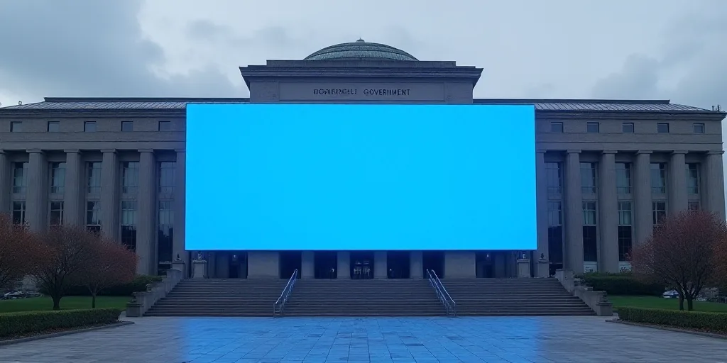 a large building with a blue screen in front of it and a blue screen in front of it that says the de