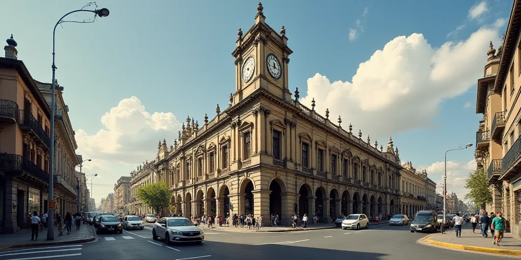 a large building with a clock tower on top of it's side in a city street with traffic, Enguerrand Qu