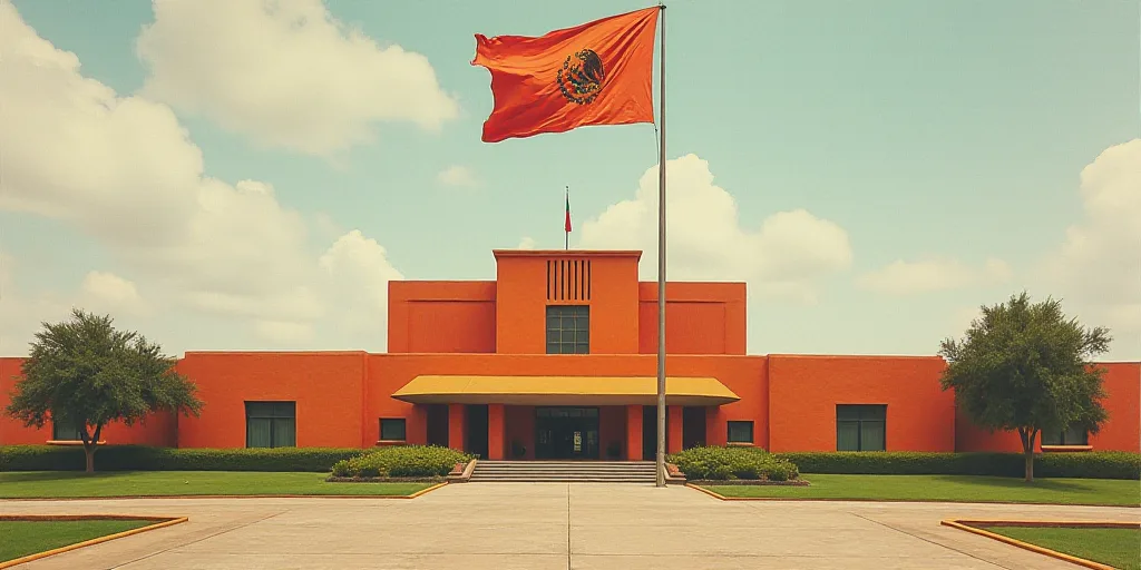 a large building with a flag flying in front of it and a flag pole in the middle of the building, Da