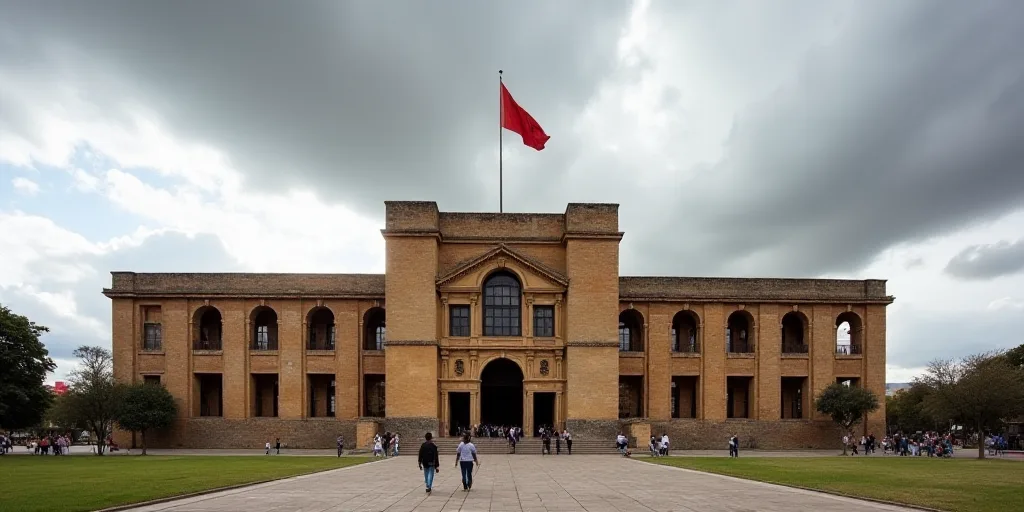 a large building with a flag on top of it and people walking around it on a cloudy day with a few cl