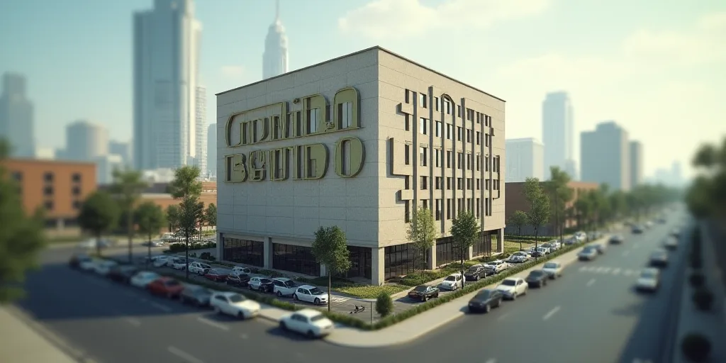 a large building with a giant sign on it's side in a city area with a lot of cars parked in front of