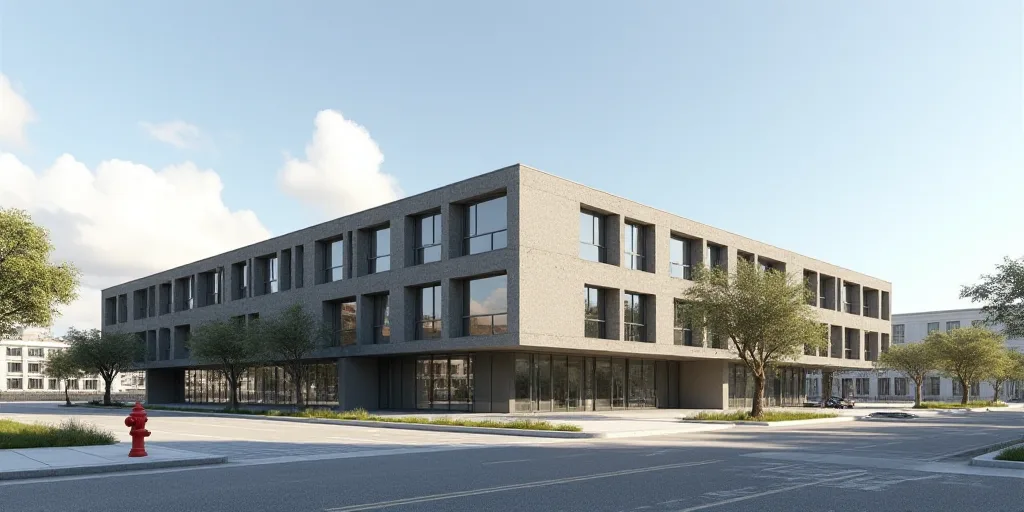 a large building with a lot of windows and a parking lot in front of it with a red fire hydrant, Alm