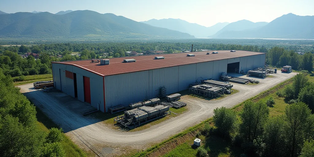 a large building with a lot of pipes and pipes in it's yard and mountains in the background, Enguerr