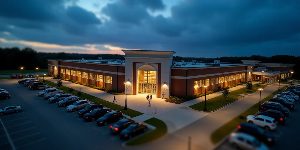 a large building with a lot of cars parked outside of it at night time with a sky background and a f