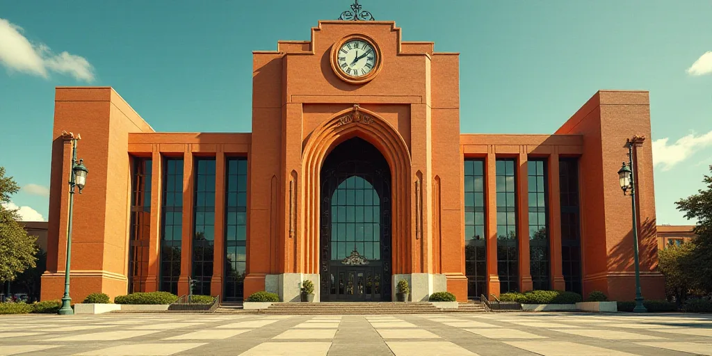 a large building with a lot of windows and a clock on the front of it's face and a street light, Dav