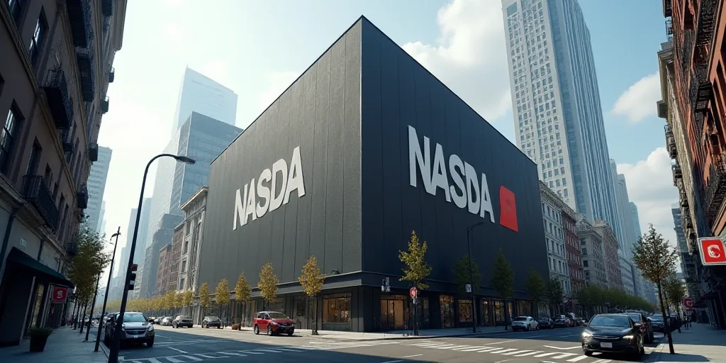 a large building with a nasda sign on it's side in a city street with tall buildings, Andries Stock,