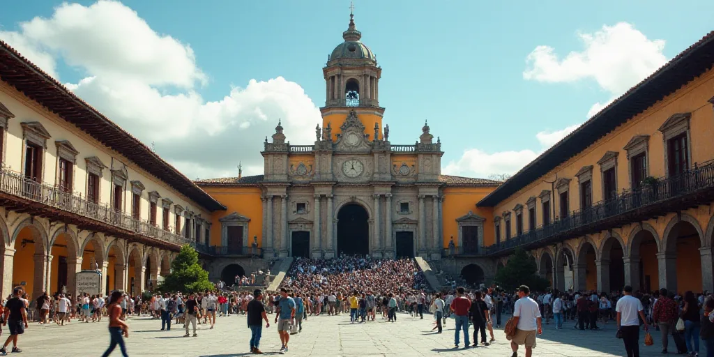 a large building with a tower and a clock tower in the background with people walking around it and
